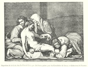 A La Pieta di Luco néven ismert keresztlerakás, Del Sarte, a luccói kamalduliak számára festette, Firenzei gyűjtemények (metszet) alkotó: Italian School