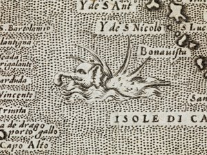 Részlet egy tengeri elefántról, a hátából kiálló tüskék lenyűgöző sorával, „a világ leghíresebb szigetéről, amelyet Thomaso Porcacchi ír le Castiglione-ból, Arretinóból, és Girolamo Porro faragta, Padovano” alkotó: Italian School