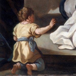 Részlet a festményből, amely a Rózsafüzér Madonnáját Sienai Domonkos és Katalin szentekkel ábrázolja alkotó: Italian School
