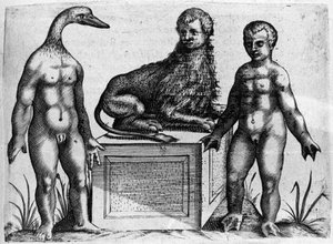 Különböző típusú emberi szörnyek: egy ember kacsafejű, egy ember oroszlántesttel és egy másik tenyérkezes. Fortunio Liceti (1577-1656) olasz tudós „De monstrorum natura, causis et differentiis” metszete. 1646 alkotó: Italian School