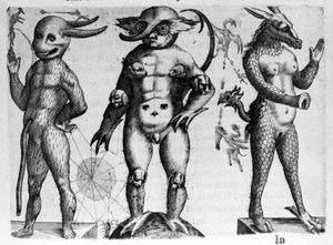 Különböző típusú emberi szörnyek félig emberi, félig állati testekkel. Metszet Fortunio Norsi (1577-1656) olasz tudós "A szörnyek természete, okaik és különbségeik" című könyvéből. 1646 alkotó: Italian School