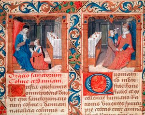 Egy beteg koponyáját kezelő orvos (LA trepanation du crane) Szent Cosimo (Gyere vagy Cosimo) és Damien orvosok képviselete. Miniatűr a „” Statuto della Confraternita dei Santi Cosma e Damiano” kéziratból” Olasz gótikus művészet a XVI. alkotó: Italian School