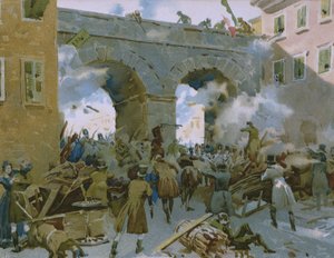 Események 1848. március 18. és 22. között, milánóiak üldözik az osztrákokat, illusztráció a Risorgimento történetét bemutató albumból a Talmone csokoládéhoz, 19. század vége alkotó: Italian School