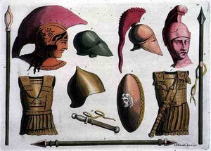 Példák etruszk fegyverekre és páncélokra, a „Costumi dei Romani”-ból, D. K. Bonatti metszet, 1805-20 körül (akvatinta) alkotó: Italian School