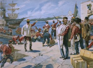Ezer expedíció Giuseppe Garibaldi vezetésével, partraszállás a szicíliai Marsalában, 1860, illusztráció a Risorgimento történetét bemutató albumból, amely a Talmone csokoládéhoz készült, késő alkotó: Italian School