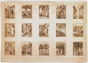 Tizenöt miniatűr építészeti és olasz nézet (toll és barna tinta, grafitos mosás papíron) alkotó: Italian School