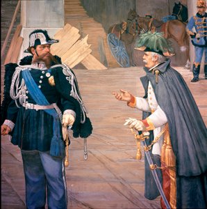Első olasz szabadságharc: „” a novarai csata (Novara) 1849. 09. 13-án”” Bicoque-i csatának is nevezik. Vittorio Emanuel (Victor Emmanuel) (Victor-Emmanuel) II (1820-1870) és Joseph Radetzky (1766-1858). Egy freskó részlete alkotó: Italian School