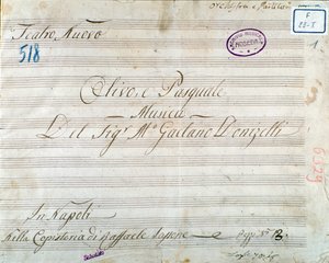 Gaetano Donizetti „Olivo e Pasquale” című operájának kotta első oldala (tintával papíron) alkotó: Italian School
