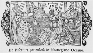 Halászat a Norvég-óceánon, Olaus Magnus (1490-1558) illusztrációja az északi nemzetek történetéből, megjelent Rómában, 1555 alkotó: Italian School