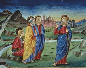 Fol.103v A színeváltozás után Krisztus azt mondja az apostoloknak, hogy ezt csak a feltámadás után fedjék fel (vellum) (részlet) alkotó: Italian School