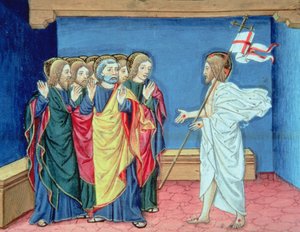 Fol.132va A feltámadott Krisztus megmutatja a tanítványoknak a kezét és az oldalán lévő sebet (vellum) alkotó: Italian School