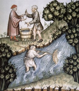 Fol.84r Horgászat, illusztráció a Tacuinum Santiatis Codex Vindobonensisből alkotó: Italian School