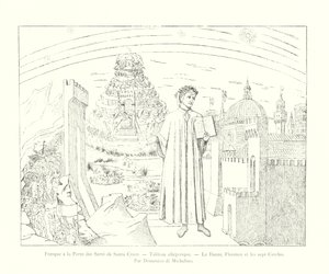 Freskó a Santa Croce Servi ajtajában, allegorikus festészet, Dante, Firenze és a hét kör, Domenico di Michelino (metszet) alkotó: Italian School
