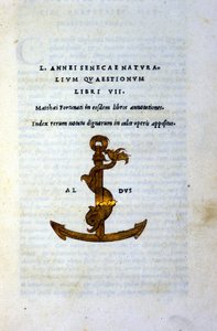 Seneque filozófus vagy Lucius Annaeus Seneca (Kr. e. 2 - Kr. e. 65) „Természetes kérdések VII. könyvének” vagy „Természetes kérdések VII. könyvének” előlapja. JC), 1503-ban nyomtatta Aldo Manuzio (Alde Manonce) (1450 - 1515)., velencei tudós és nyomdász. alkotó: Italian School