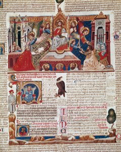 A "Decret de Gratien" ("Concordia discordantiorum canonum" vagy "Decretum Gratiani") 1140-ből származó kéziratának előlapja, amely a római katolikus egyház törvényeit és kánonjait szabályozza. 14. századi Siena, Biblioteca degli Intronati alkotó: Italian School