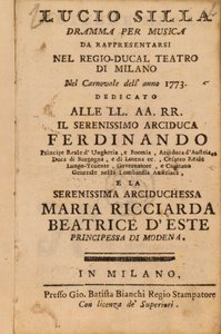 Mozarts Lucio Silla frontműve, Milánóban 1773-ban alkotó: Italian School