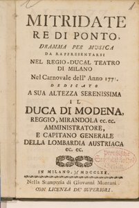Frontkép Wolfgang Amadeus Mozart 1770-es operájának, Mitridate, re di Ponte korai másolatából alkotó: Italian School