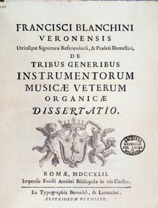 A Tribe Instrumentorum Musicae Veterum "" című művének előlapja, Francesco Brea régi hangszerekről alkotó: Italian School