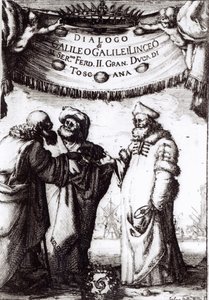 A Galilei 1632-ben megjelent, Frontispiece to Dialogue a világ két legnagyobb rendszeréről című könyve alkotó: Italian School