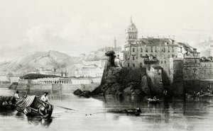 Genovai kikötő fala Villa Doria Pamphilivel a háttérben, metszet, kb 1850, Olaszország alkotó: Italian School