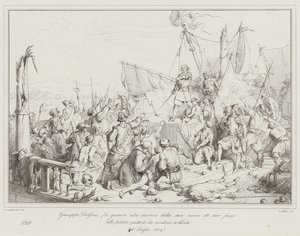 Giuseppe Dolfino megesketteti hajója legénységét, hogy inkább felgyújtják a port, mint... (metszet) alkotó: Italian School