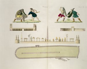 Gladiátorok és a caracallai cirkusz terve, 23A. tábla, 5. osztály A Nemzetek története I. részéből, A. Nani (akvatinta) metszetével alkotó: Italian School