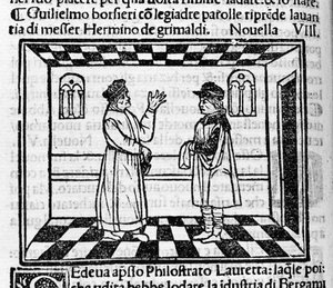 Grimaldi fukar Erminioja szembesül Guglielmo Borsiere-rel, aki szép szavakkal próbál pénzt kicsikarni tőle. Illusztráció a „Dekameron” új 61-éhez (az első napi új 8-hoz), Giovanni Boccaccio dit Jean Boccaccio (1313-1375) olasz írótól. Gravírozás alkotó: Italian School