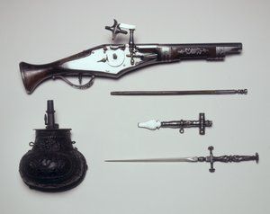 Fegyvercsoport: Wheellock pisztoly, tekercskulcs, poros lombik és tűsarkú alkotó: Italian School