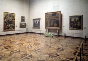 Vinci Mágusok imádását, Verrocchio és Vinci Krisztus megkeresztelését, Signorelli Szentháromságát Szűzzel és Szentekkel bemutató múzeum terme alkotó: Italian School