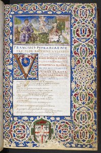 Harley 3567, f.9 Petrarch és Laura miniatűrje, Love-val, amely a nyilát Laurára célozza, a „Rime and Trionfi”-ból alkotó: Italian School