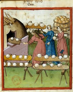 Egészségügyi kézikönyv: kenyérsütés. A „Tacuinum Sanitatis” kézirat miniatúrája, Lombardia, XIV. század 3. negyede. Paris, B N alkotó: Italian School