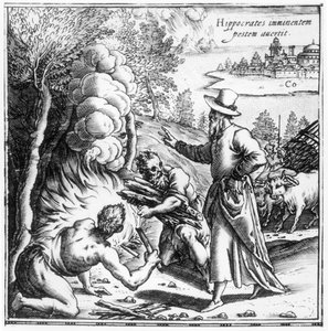 Hippokratész (Kr. e. 460-kb.-kb. 377) a ragály jelentőségét magyarázza a pestisjárványban, címlap a Hippocratis Opera Quae Extant-ból, kocsma. Velencében, 1588 alkotó: Italian School