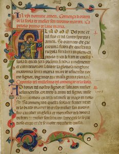 Történelmi kezdetű „A”, amelyen St. Theodore látható, egy Mariegolából, 1350 (tinta pergamen) alkotó: Italian School