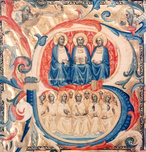 Történeti kezdetű B, amely a Szentháromságot és Krisztust ábrázolja angyalokkal körülvéve, Bolognai Iskola, 1340-50 körül alkotó: Italian School