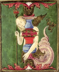 Történelmi kezdetű „I”, amely egy szárnyas sellőt ábrázol (vellum) alkotó: Italian School
