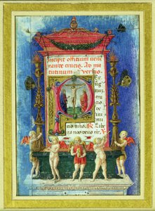 Történelmi kezdetű „P”, amely a keresztre feszítést ábrázolja, oldal az órák könyvéből (vellum) alkotó: Italian School