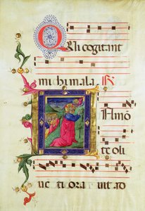 Történelmi „Q” kezdőbetű, amely az Agóniát a kertben ábrázolja (vellum) alkotó: Italian School