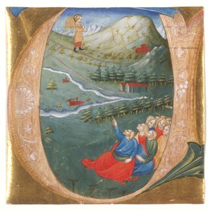 Elizeust Illés köpenyében ábrázoló történelmi kezdetű, antifóniából kivágva, 1440 körül (tempera és aranylevél pergamenen) alkotó: Italian School