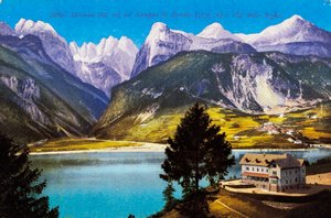 Hotel Molveno a Brenta csoporttal és a Val delle Seghe-vel, képeslap, Trentino-Alto Adige, Olaszország, 20. század alkotó: Italian School