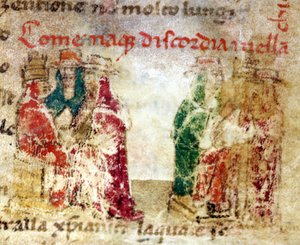 Hogyan született a viszály a római egyházban (Schism) 1378 és 1417 között: 14. századi kézirat.@- in „” Croniche del Sercambi””. Nemzeti Levéltár, Lucca. alkotó: Italian School
