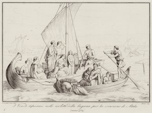 I Veneti riparano nelle isolette della laguna per la irruzione di Attila, 452 (engraving) alkotó: Italian School