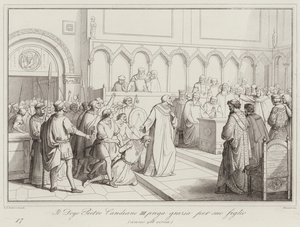 Pietro Candiano III. dózsa kegyelemért imádkozik fiáért, 958 (metszet) alkotó: Italian School