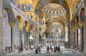 A Szent Márk-bazilika belseje, a kupola felé nézve, Cecchini, Pividor és Viola velencei kilátásából, 1850 körül (kézzel színezett litó) alkotó: Italian School