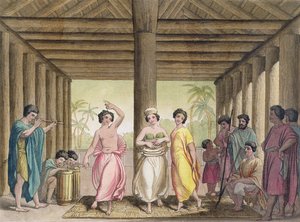 Egy tahiti ház belseje táncoló lányokkal, illusztráció a 19. század eleji útikönyvek gyűjteményéből alkotó: Italian School