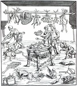 Egy olasz konyha belseje, Christoforo di Messisburgo Banchetti compositiója di Vivende című fametszete nyomán, 1549. alkotó: Italian School