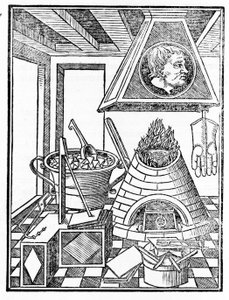 Egy kohászműhely belső képe Giovanni Agostino Pantheo (1517-1535) „Voarchadumia contra alchimiam ars differenta ab archimia et sophia.” című metszete alkotó: Italian School