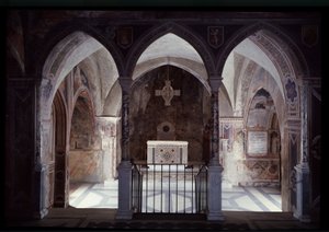 A presbitérium és az oltár belső képe, Szent Benedek-barlang (sacro speco) Subiaco alkotó: Italian School
