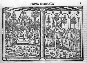 Bevezetés: a Dekameron szerzőjének ábrázolása tíz fiatalt vesz körül. Illusztráció a Dekameron első napjáról (1349-1351), Giovanni Boccaccio vagy Jean Boccace (1313-1375), metszet „” Decamerone ouer Cento nouelle”” Velence, Bartol alkotó: Italian School