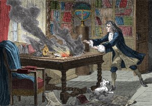 Isaac Newton kutyája leüt egy gyertyát és felgyújtja a papírjait alkotó: Italian School
