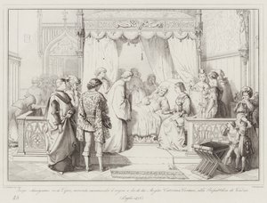 A haldokló Jacopo Lusignano ciprusi király a királyságot és feleségét, Caterina Cornarót ajánlja... (metszet) alkotó: Italian School